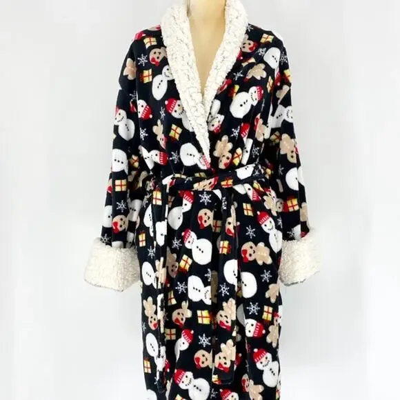 JUST LOVE Holiday Winter Snowman Cozy Sherpa Soft Warm Robe Womens Size L - Picture 1 of 4
